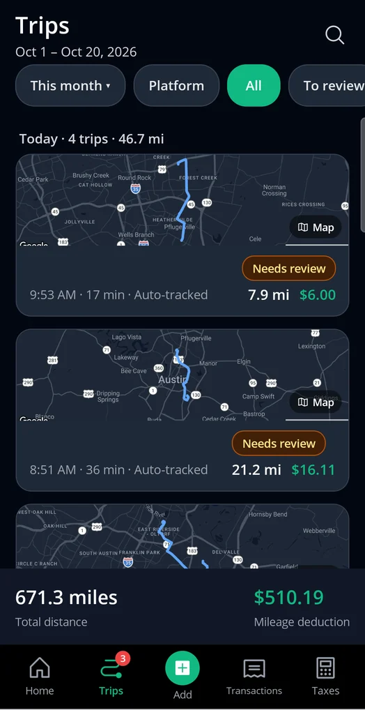 Trips screen with sample data: today's trips, each with a route map, time, distance and deduction, two waiting for review.